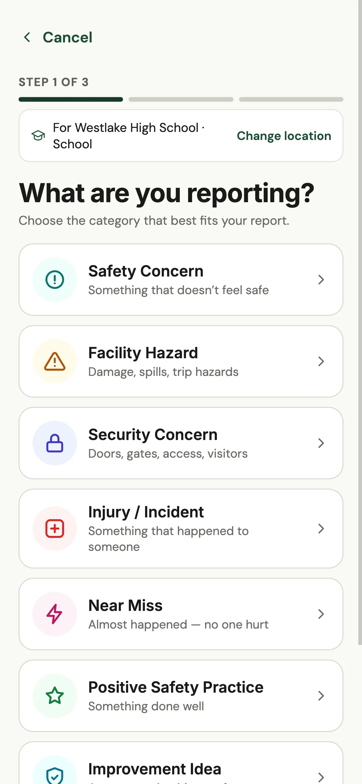 Step 1 of 3: choosing the report category, such as Safety Concern, Facility Hazard or Security Concern.