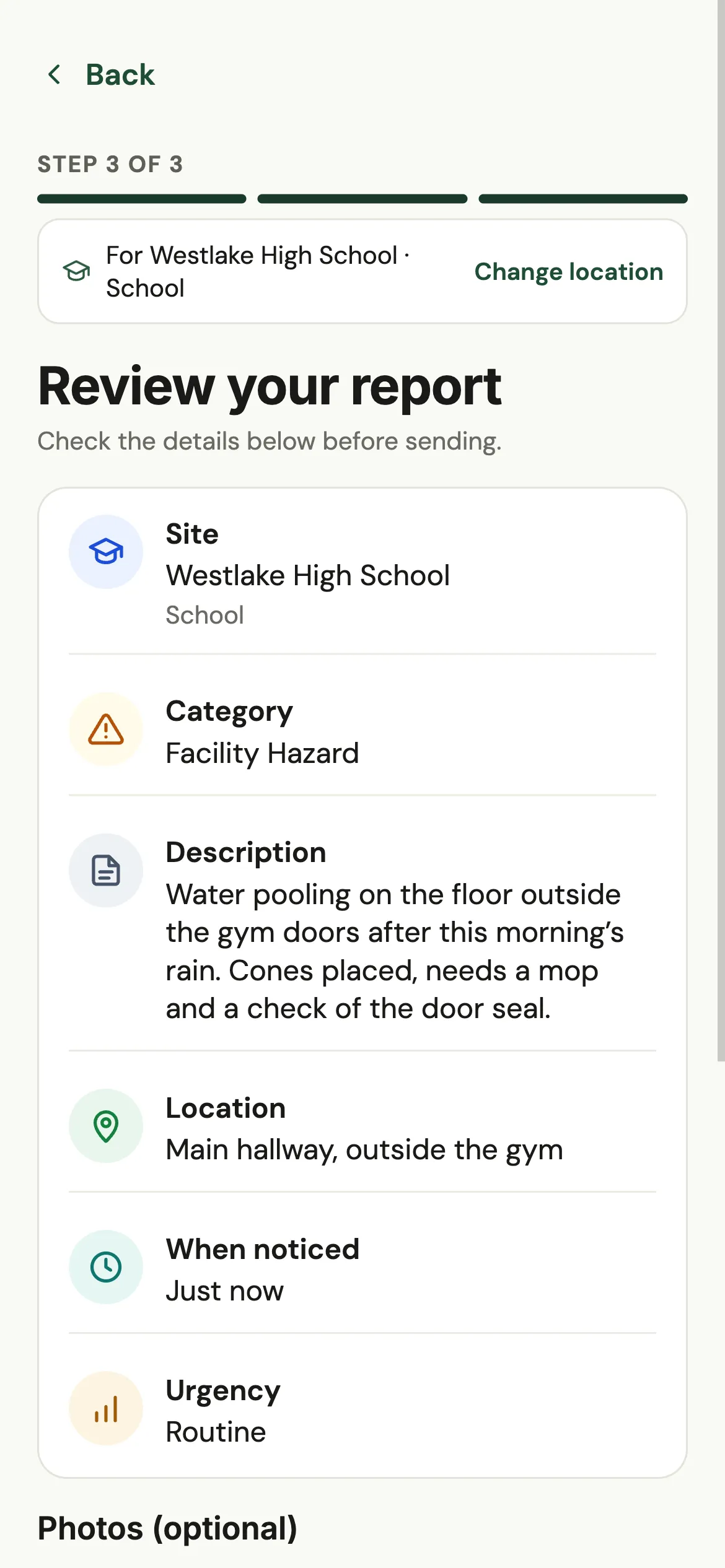 Step 3 of 3: reviewing the report before sending, with optional photos.