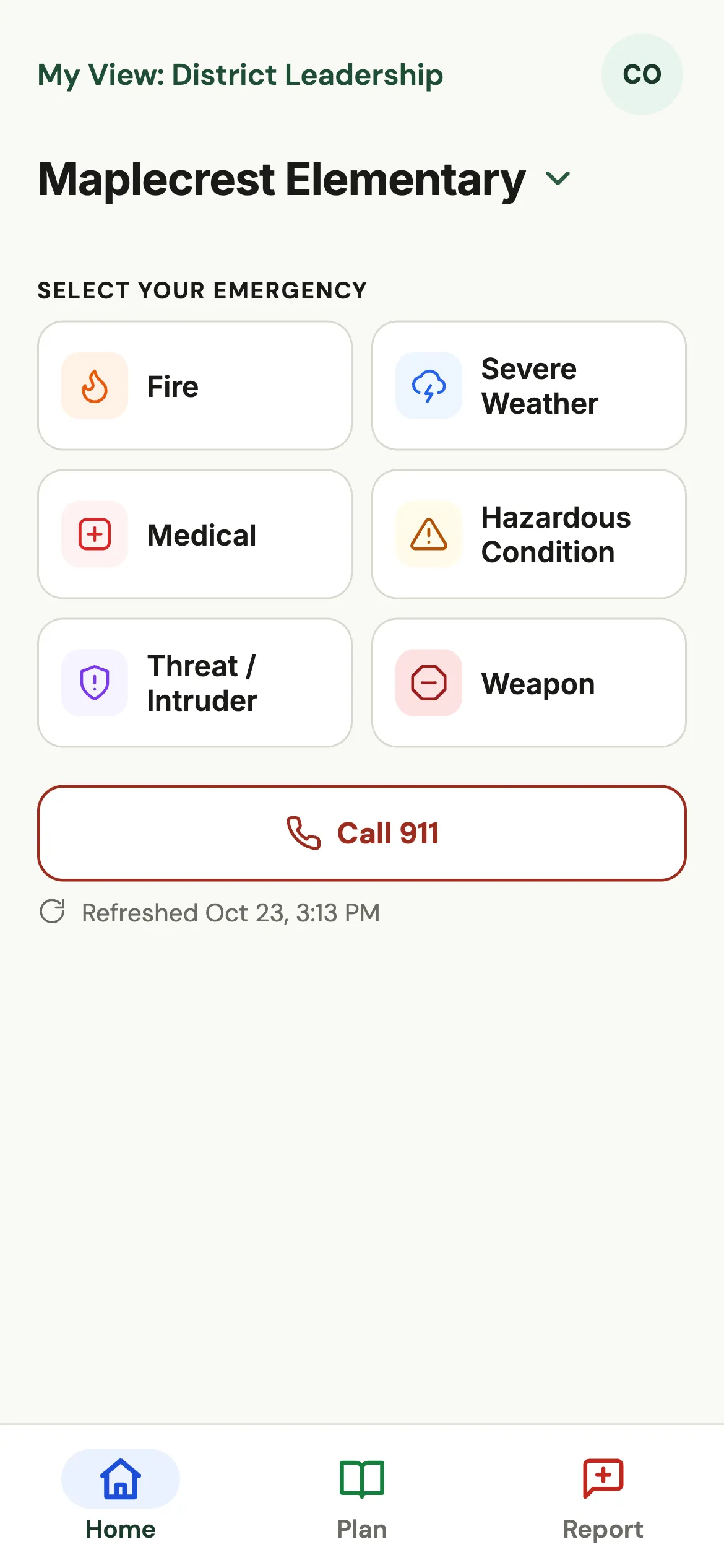SOLA Safety app home for Maplecrest Elementary: six emergency categories and Call 911.