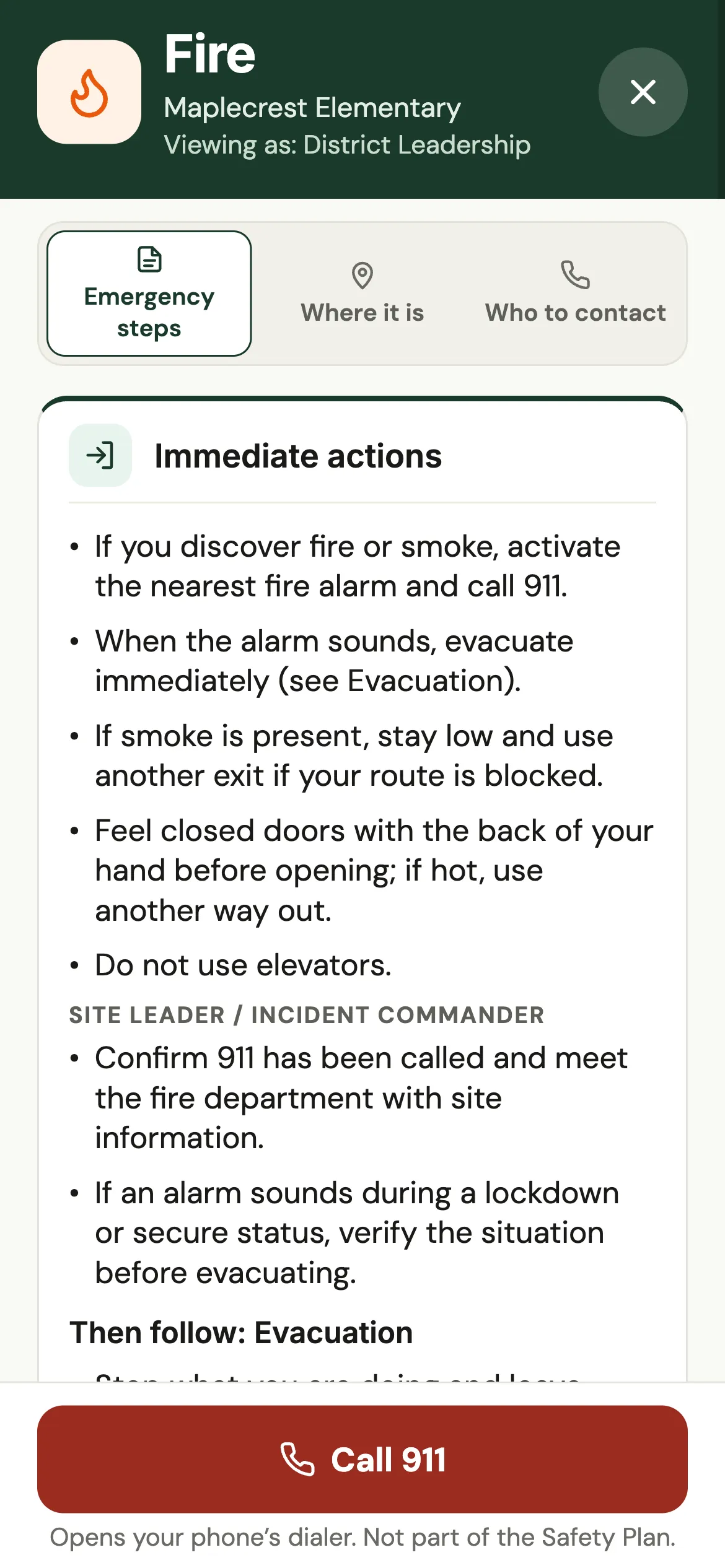 SOLA Safety app Fire response: immediate actions from the approved plan.
