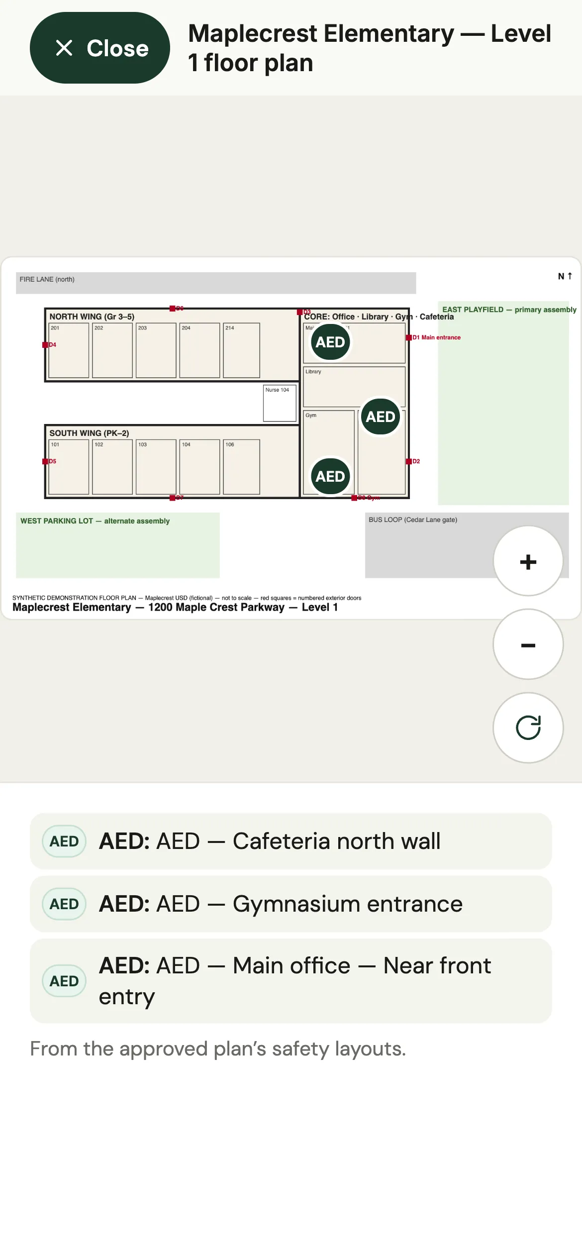 SOLA Safety app showing the Maplecrest Elementary floor plan filtered to AEDs, a synthetic demonstration plan.